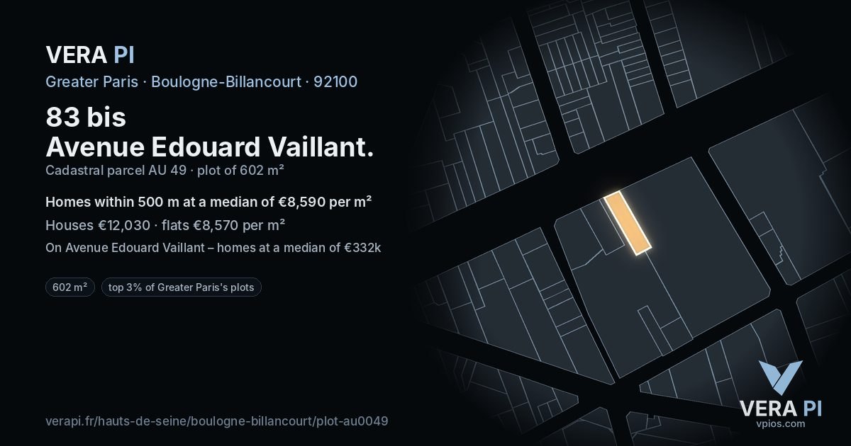 83 bis Avenue Edouard Vaillant, Boulogne-Billancourt at night – the plot lit, the parcels around coloured by the prices near them
