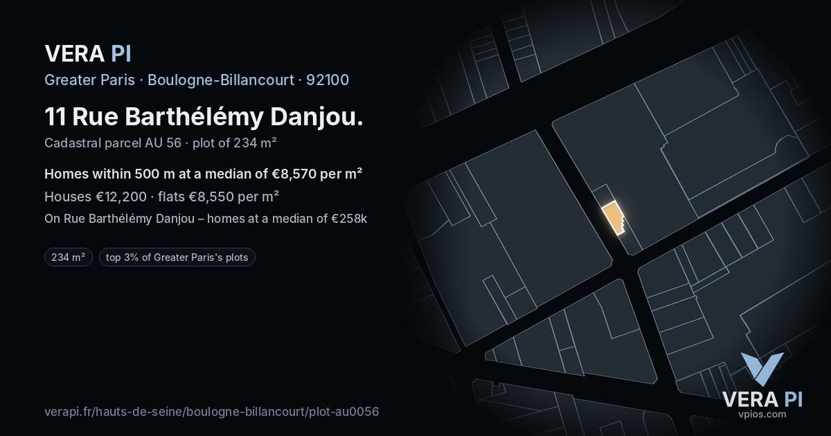 11 Rue Barthélémy Danjou, Boulogne-Billancourt at night – the plot lit, the parcels around coloured by the prices near them