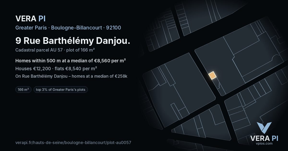 9 Rue Barthélémy Danjou, Boulogne-Billancourt at night – the plot lit, the parcels around coloured by the prices near them