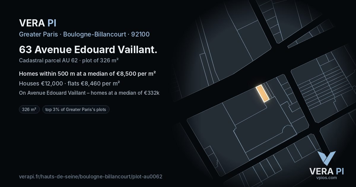 63 Avenue Edouard Vaillant, Boulogne-Billancourt at night – the plot lit, the parcels around coloured by the prices near them