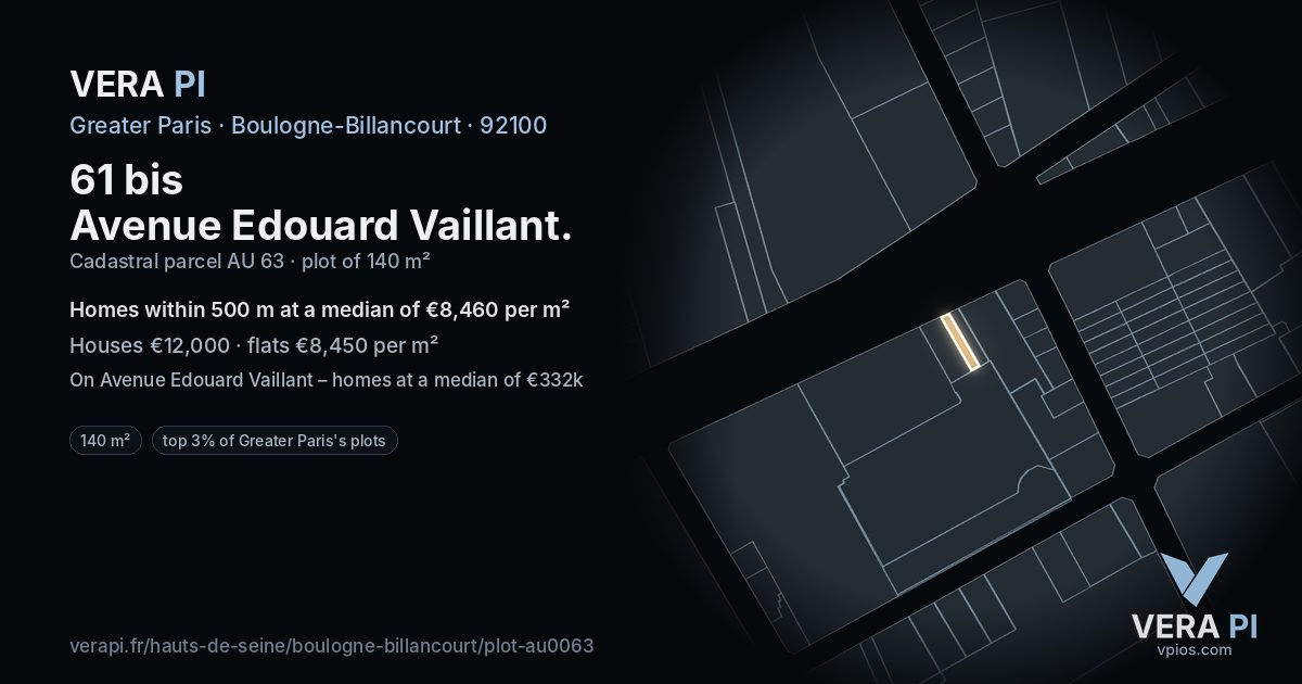 61 bis Avenue Edouard Vaillant, Boulogne-Billancourt at night – the plot lit, the parcels around coloured by the prices near them