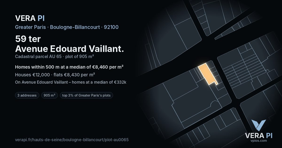 59 ter Avenue Edouard Vaillant, Boulogne-Billancourt at night – the plot lit, the parcels around coloured by the prices near them
