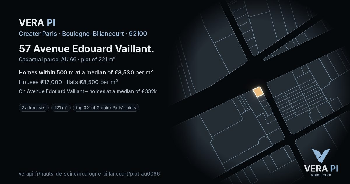 57 Avenue Edouard Vaillant, Boulogne-Billancourt at night – the plot lit, the parcels around coloured by the prices near them