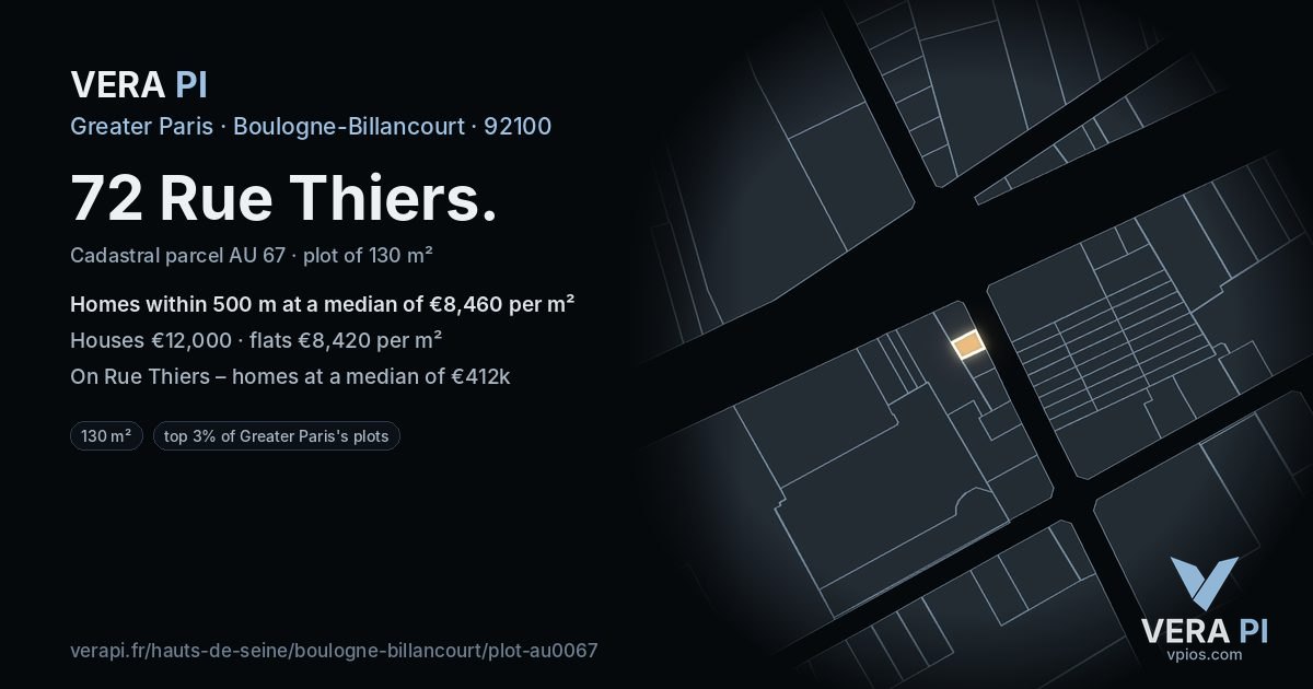 72 Rue Thiers, Boulogne-Billancourt at night – the plot lit, the parcels around coloured by the prices near them