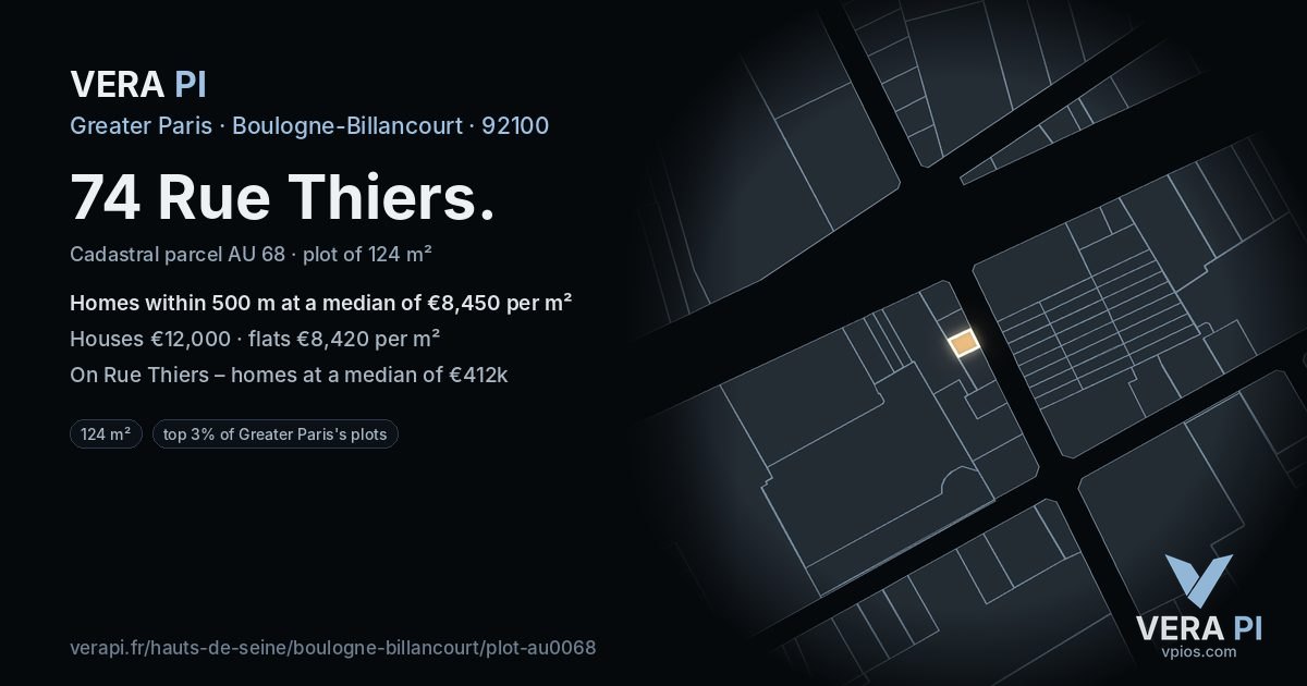 74 Rue Thiers, Boulogne-Billancourt at night – the plot lit, the parcels around coloured by the prices near them
