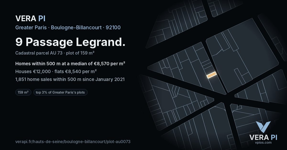 9 Passage Legrand, Boulogne-Billancourt at night – the plot lit, the parcels around coloured by the prices near them