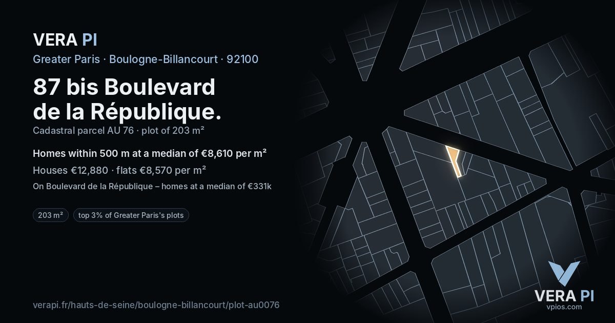 87 bis Boulevard de la République, Boulogne-Billancourt at night – the plot lit, the parcels around coloured by the prices near them