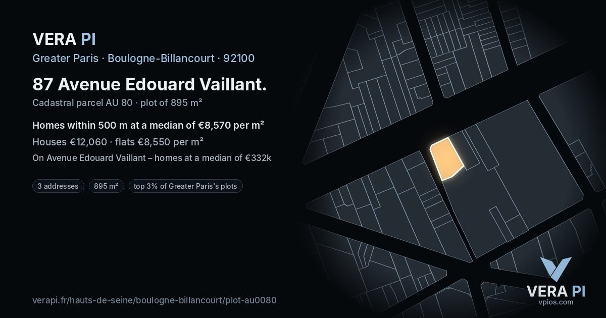 87 Avenue Edouard Vaillant, Boulogne-Billancourt at night – the plot lit, the parcels around coloured by the prices near them