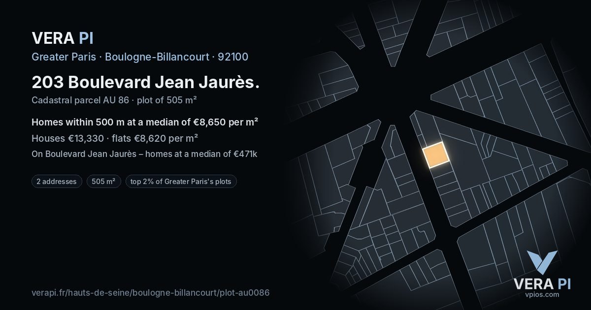 203 Boulevard Jean Jaurès, Boulogne-Billancourt at night – the plot lit, the parcels around coloured by the prices near them