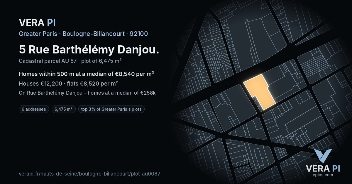 5 Rue Barthélémy Danjou, Boulogne-Billancourt at night – the plot lit, the parcels around coloured by the prices near them