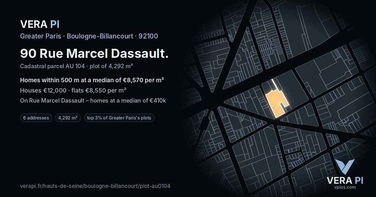 90 Rue Marcel Dassault, Boulogne-Billancourt at night – the plot lit, the parcels around coloured by the prices near them