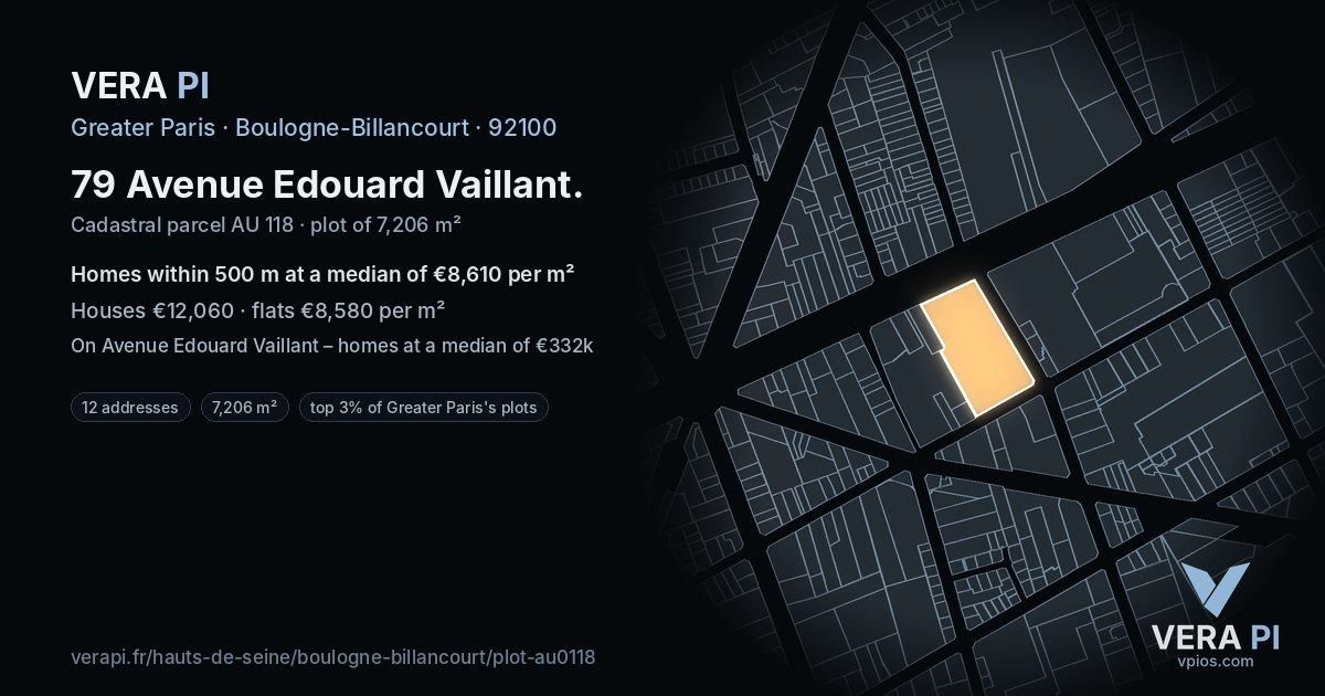 79 Avenue Edouard Vaillant, Boulogne-Billancourt at night – the plot lit, the parcels around coloured by the prices near them
