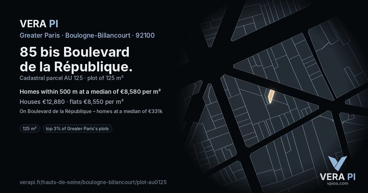 85 bis Boulevard de la République, Boulogne-Billancourt at night – the plot lit, the parcels around coloured by the prices near them