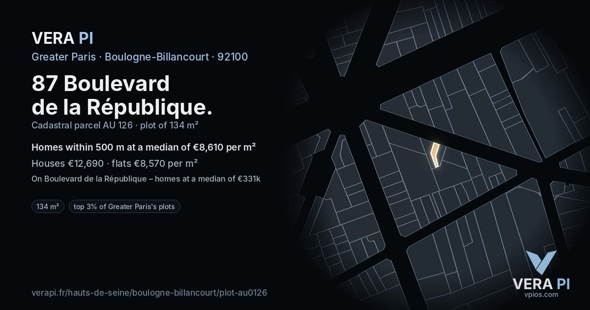 87 Boulevard de la République, Boulogne-Billancourt at night – the plot lit, the parcels around coloured by the prices near them