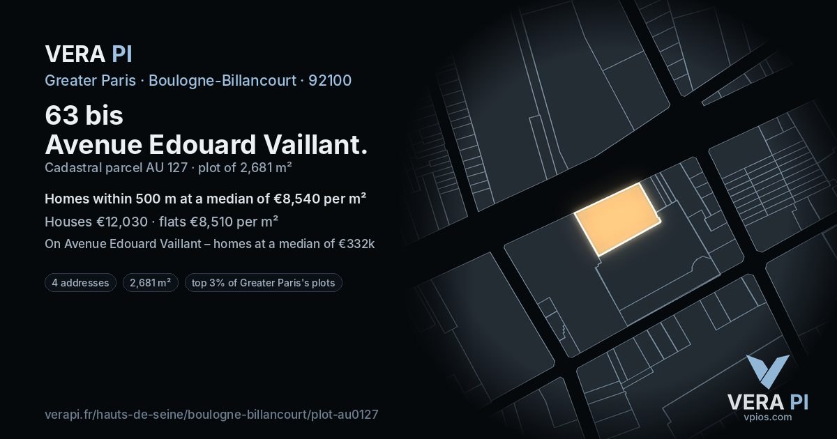 63 bis Avenue Edouard Vaillant, Boulogne-Billancourt at night – the plot lit, the parcels around coloured by the prices near them