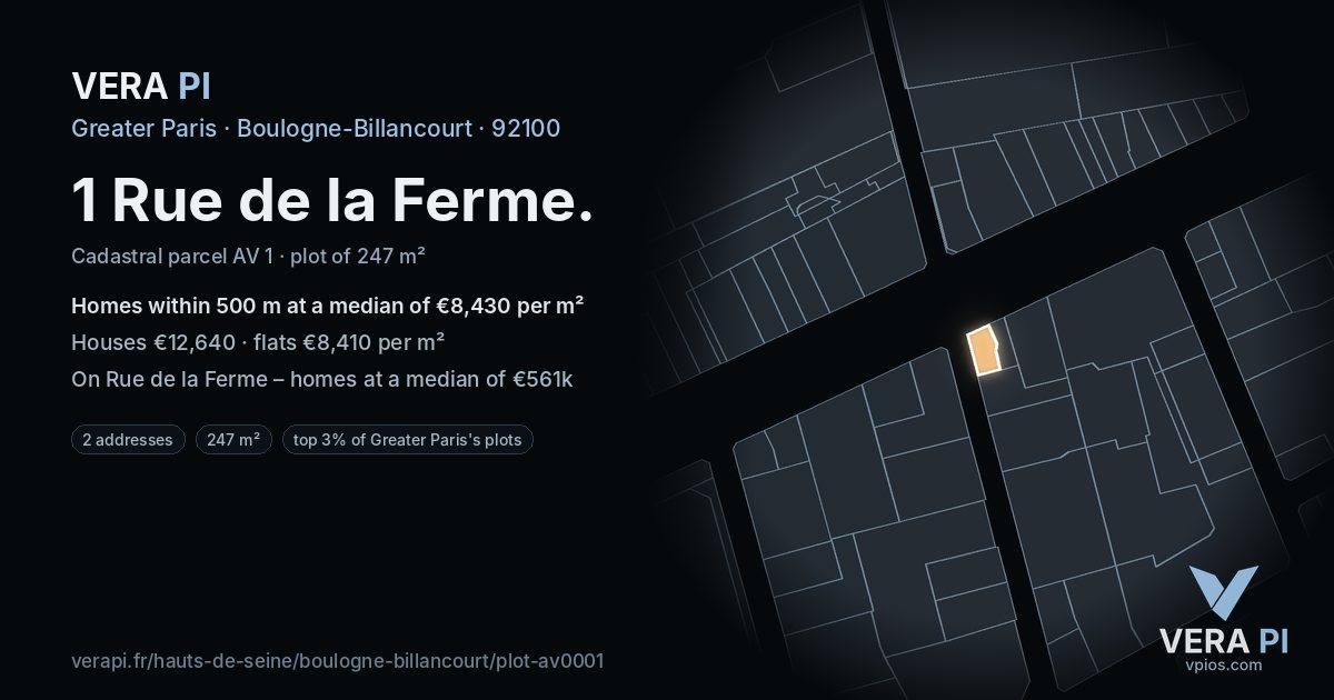 1 Rue de la Ferme, Boulogne-Billancourt at night – the plot lit, the parcels around coloured by the prices near them