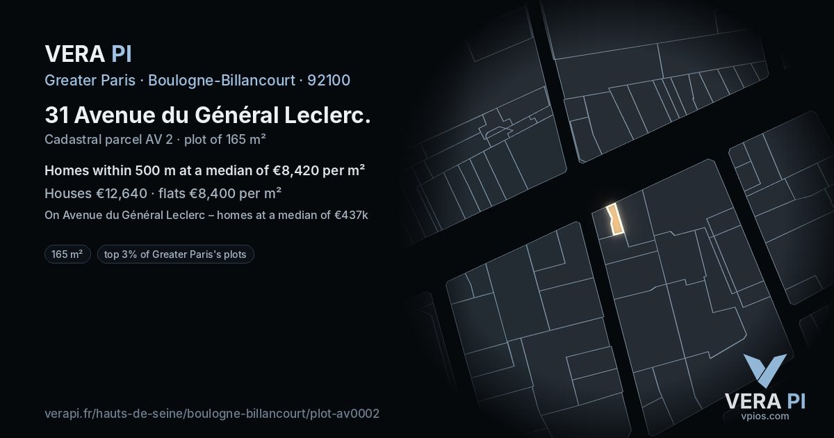 31 Avenue du Général Leclerc, Boulogne-Billancourt at night – the plot lit, the parcels around coloured by the prices near them
