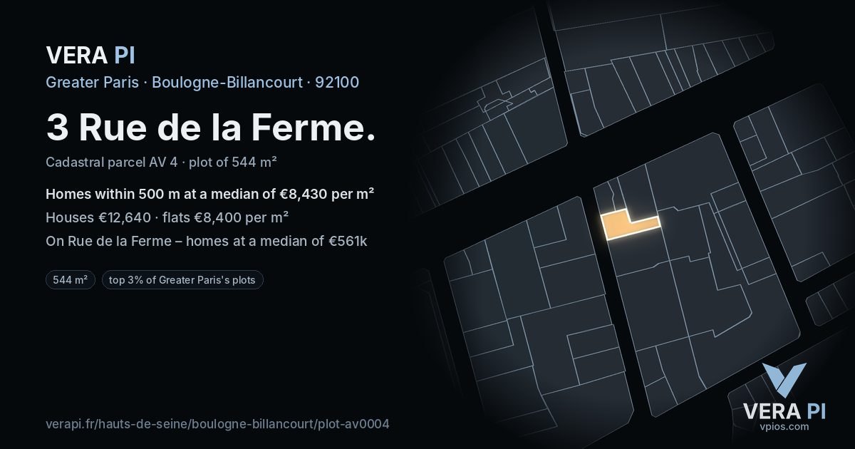 3 Rue de la Ferme, Boulogne-Billancourt at night – the plot lit, the parcels around coloured by the prices near them