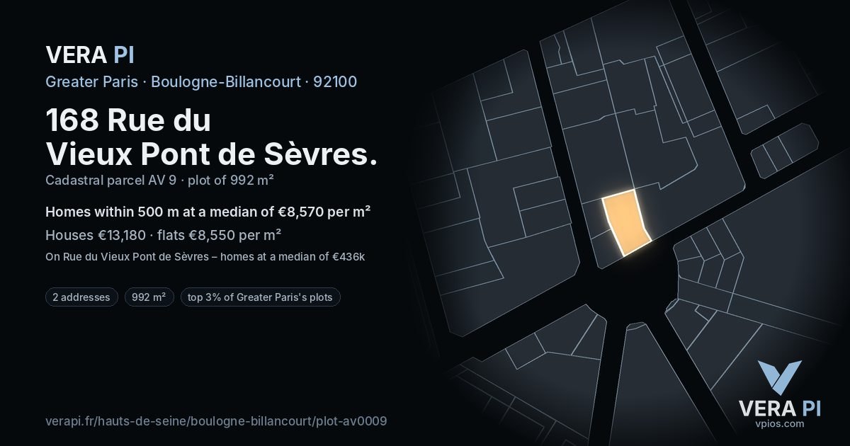 168 Rue du Vieux Pont de Sèvres, Boulogne-Billancourt at night – the plot lit, the parcels around coloured by the prices near them