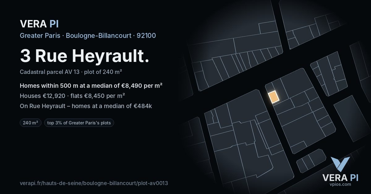 3 Rue Heyrault, Boulogne-Billancourt at night – the plot lit, the parcels around coloured by the prices near them
