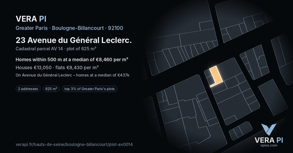 23 Avenue du Général Leclerc, Boulogne-Billancourt at night – the plot lit, the parcels around coloured by the prices near them