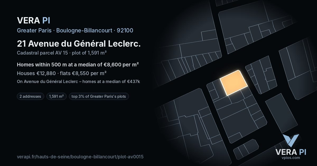 21 Avenue du Général Leclerc, Boulogne-Billancourt at night – the plot lit, the parcels around coloured by the prices near them