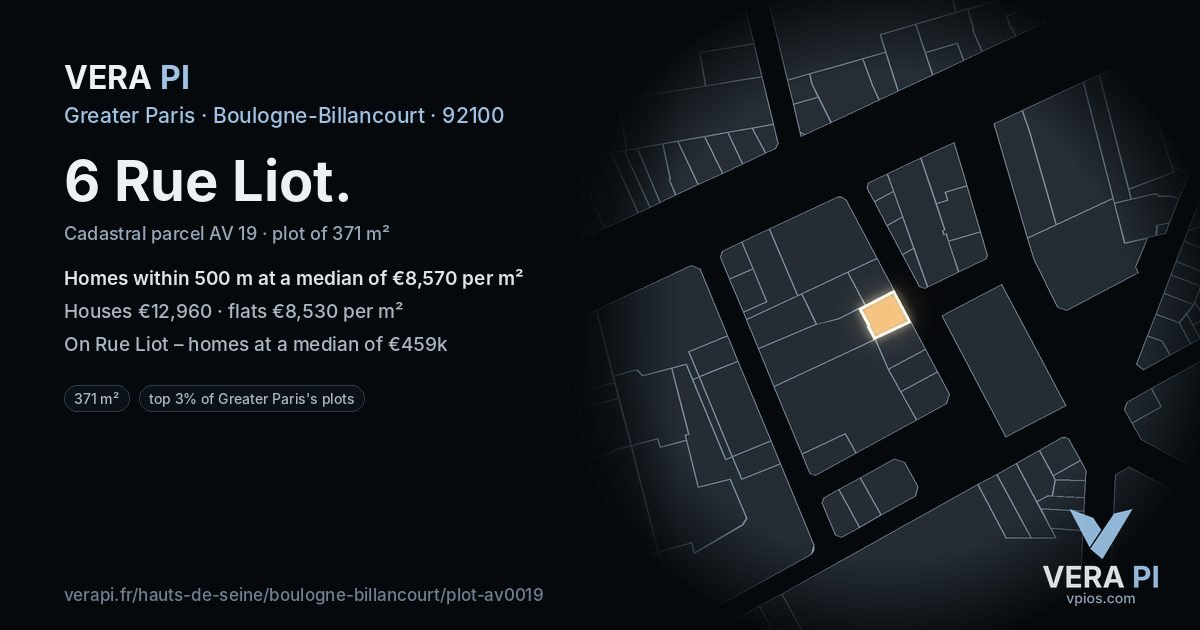 6 Rue Liot, Boulogne-Billancourt at night – the plot lit, the parcels around coloured by the prices near them