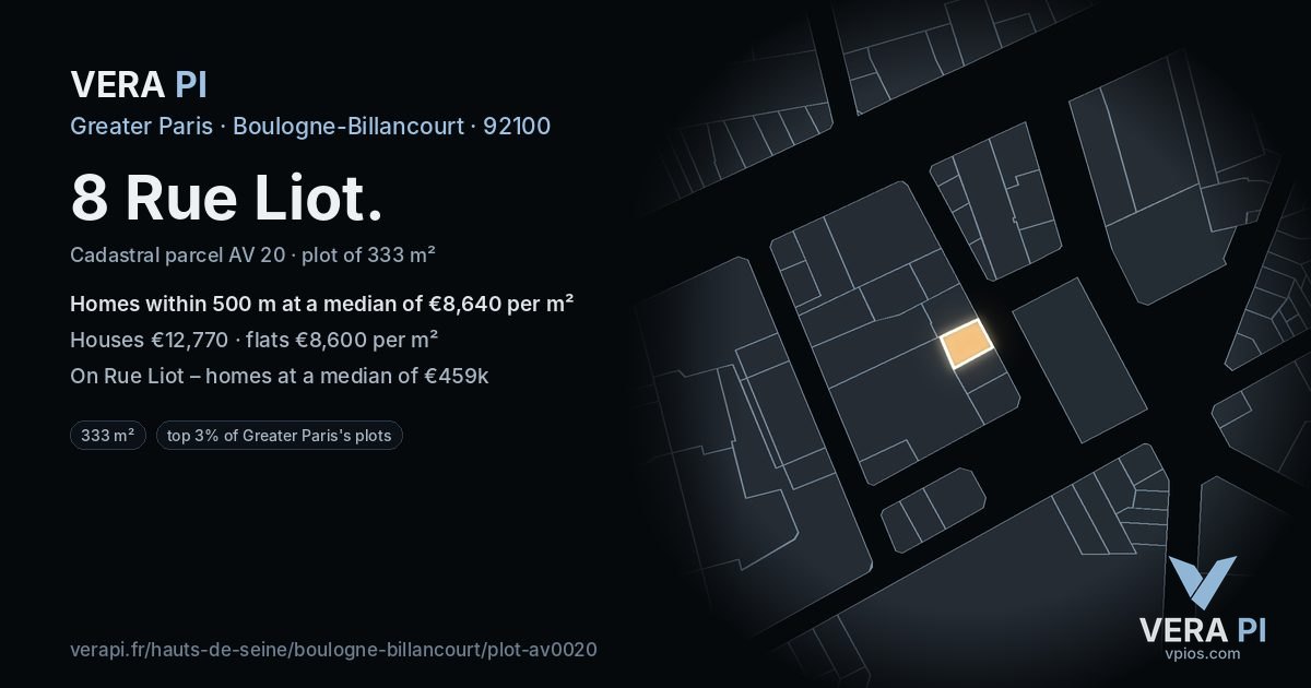 8 Rue Liot, Boulogne-Billancourt at night – the plot lit, the parcels around coloured by the prices near them