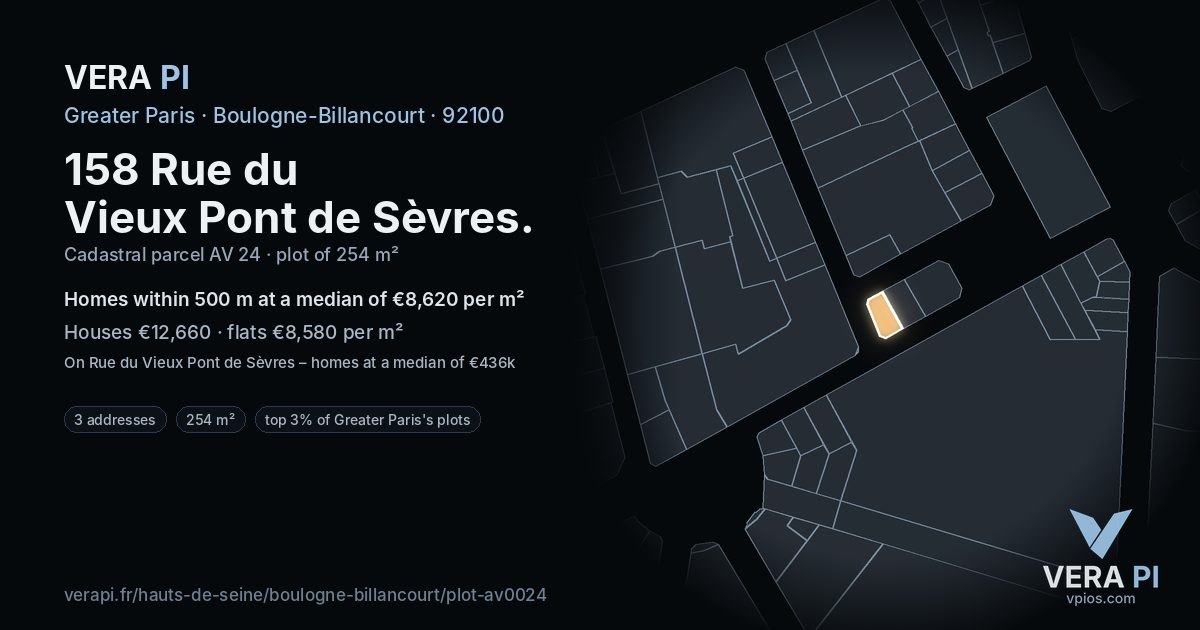 158 Rue du Vieux Pont de Sèvres, Boulogne-Billancourt at night – the plot lit, the parcels around coloured by the prices near them