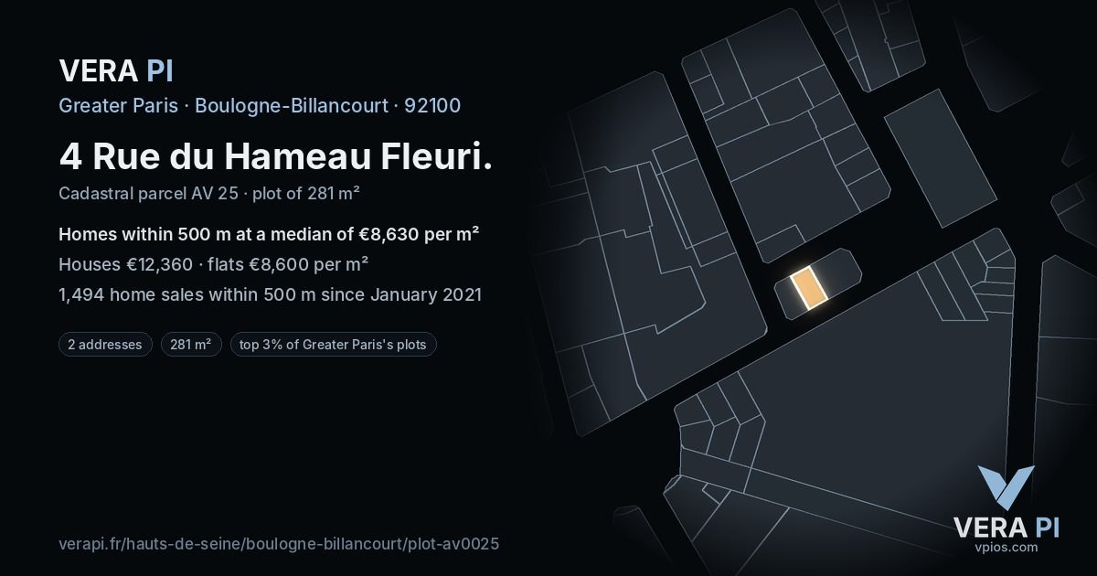 4 Rue du Hameau Fleuri, Boulogne-Billancourt at night – the plot lit, the parcels around coloured by the prices near them