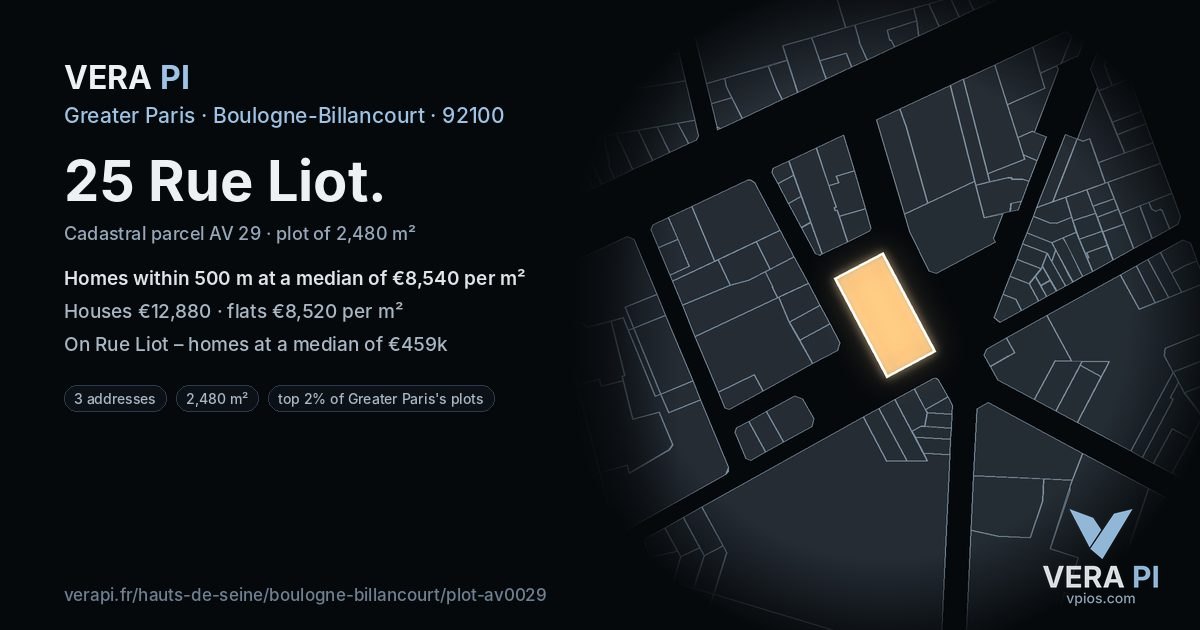 25 Rue Liot, Boulogne-Billancourt at night – the plot lit, the parcels around coloured by the prices near them