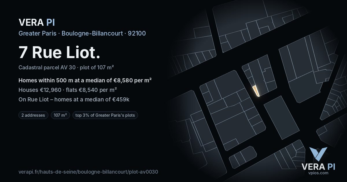7 Rue Liot, Boulogne-Billancourt at night – the plot lit, the parcels around coloured by the prices near them
