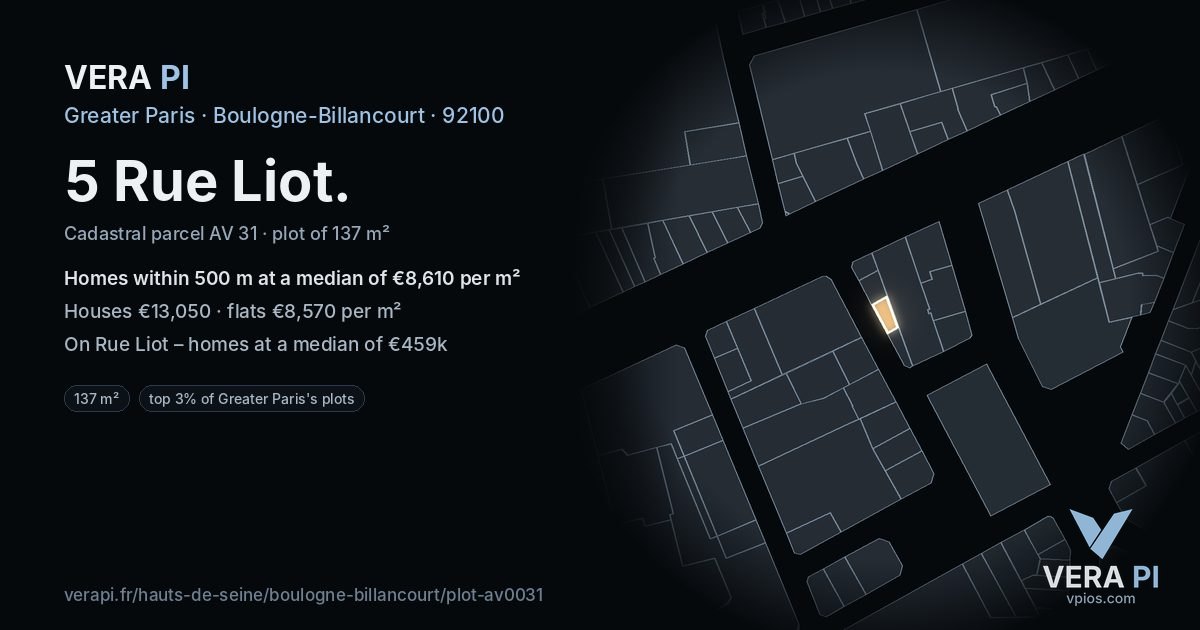 5 Rue Liot, Boulogne-Billancourt at night – the plot lit, the parcels around coloured by the prices near them