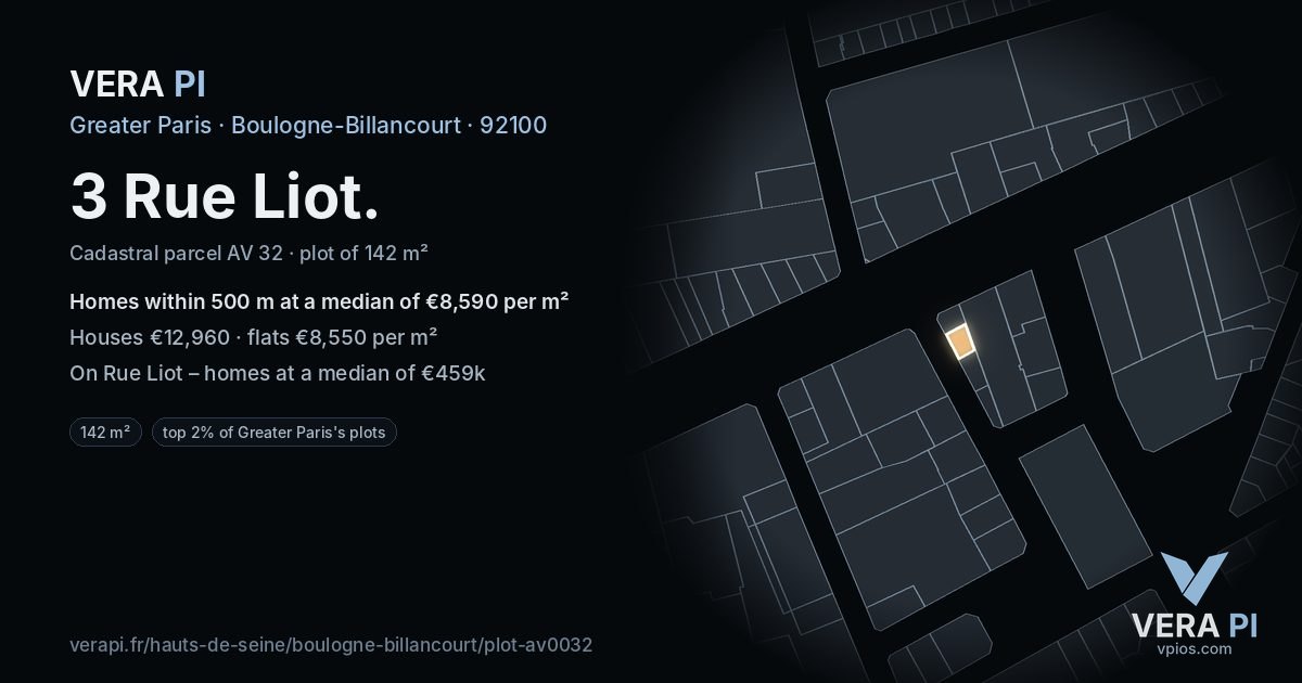 3 Rue Liot, Boulogne-Billancourt at night – the plot lit, the parcels around coloured by the prices near them