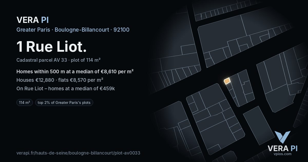 1 Rue Liot, Boulogne-Billancourt at night – the plot lit, the parcels around coloured by the prices near them