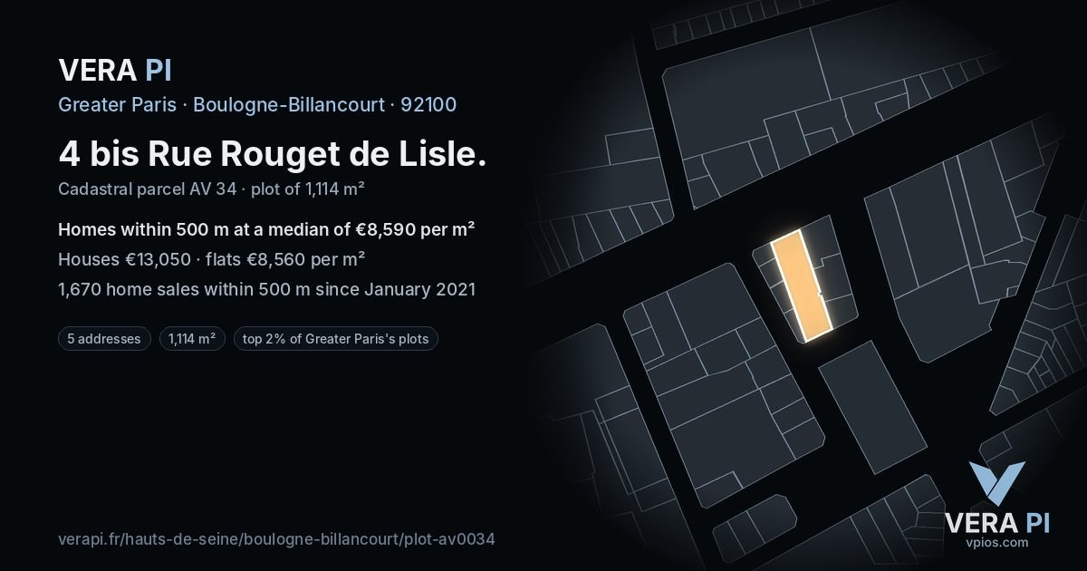 4 bis Rue Rouget de Lisle, Boulogne-Billancourt at night – the plot lit, the parcels around coloured by the prices near them