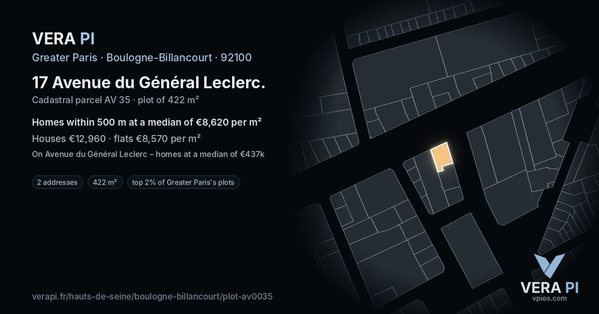 17 Avenue du Général Leclerc, Boulogne-Billancourt at night – the plot lit, the parcels around coloured by the prices near them