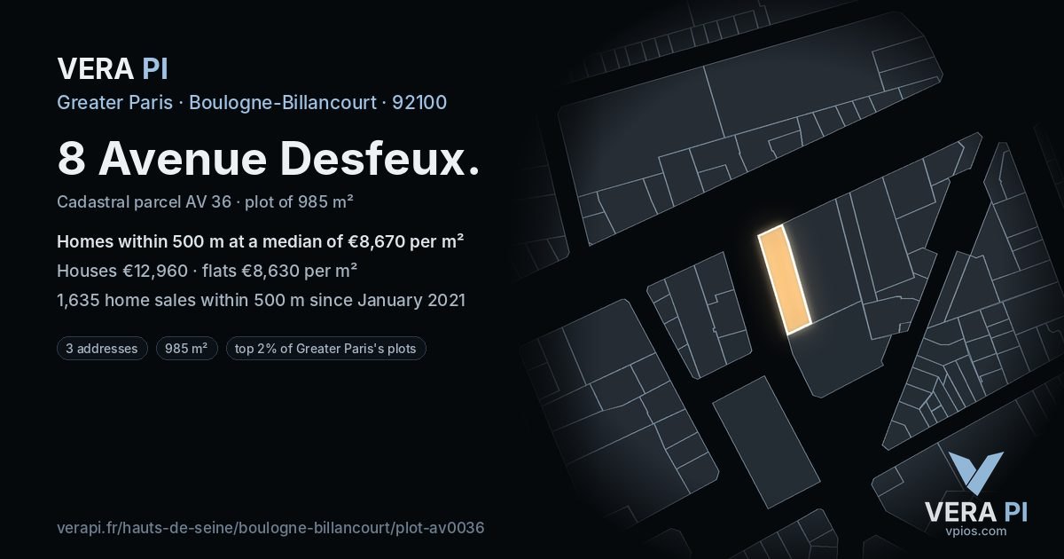 8 Avenue Desfeux, Boulogne-Billancourt at night – the plot lit, the parcels around coloured by the prices near them