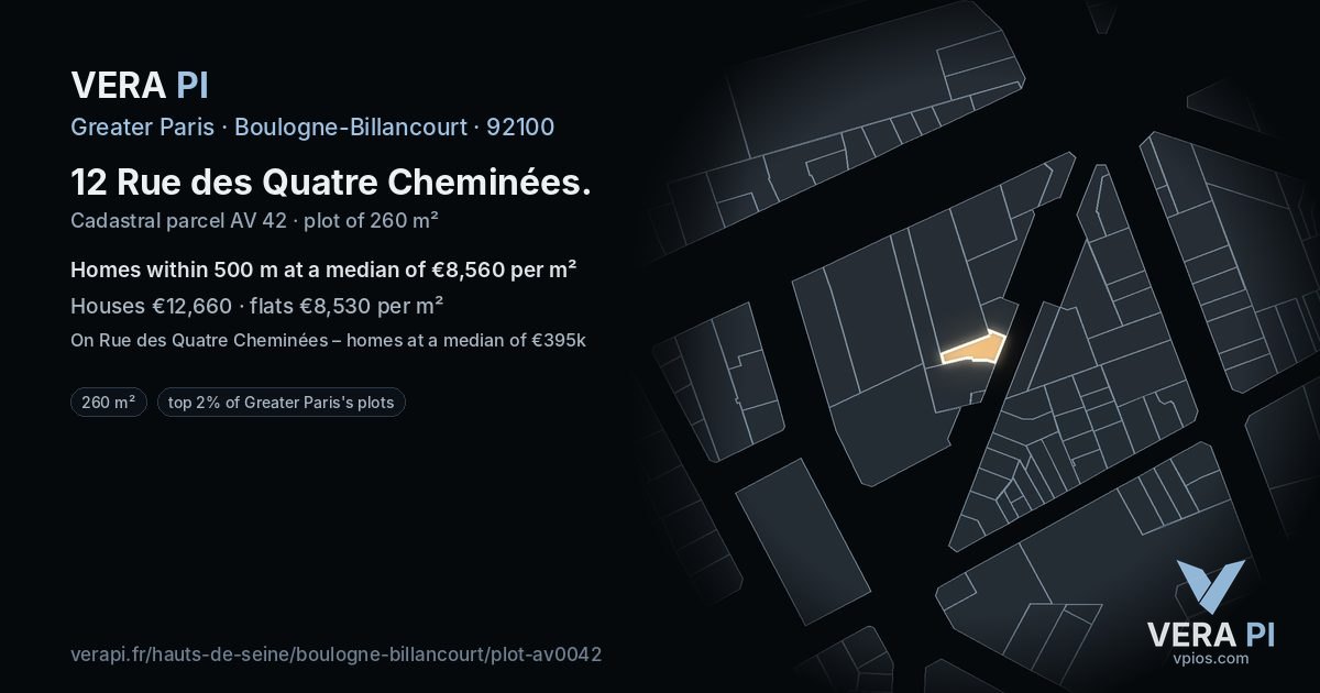 12 Rue des Quatre Cheminées, Boulogne-Billancourt at night – the plot lit, the parcels around coloured by the prices near them