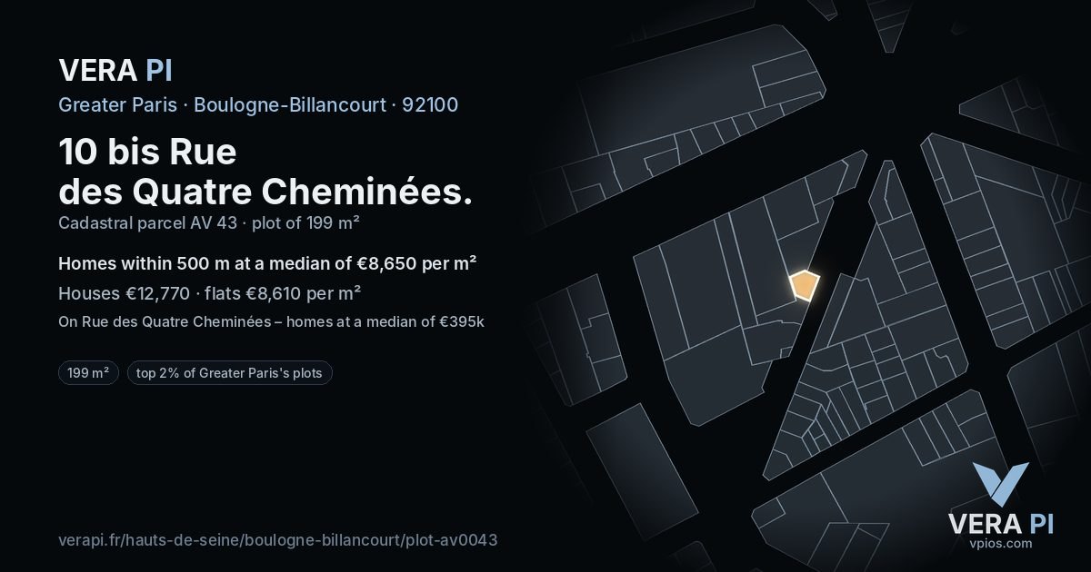 10 bis Rue des Quatre Cheminées, Boulogne-Billancourt at night – the plot lit, the parcels around coloured by the prices near them