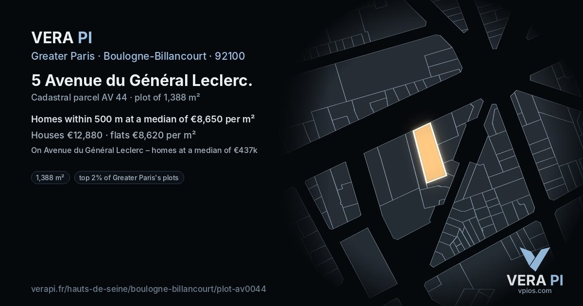 5 Avenue du Général Leclerc, Boulogne-Billancourt at night – the plot lit, the parcels around coloured by the prices near them