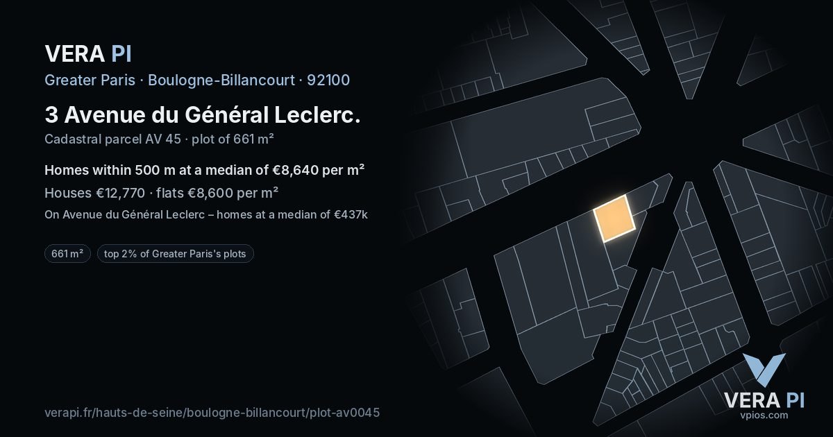 3 Avenue du Général Leclerc, Boulogne-Billancourt at night – the plot lit, the parcels around coloured by the prices near them