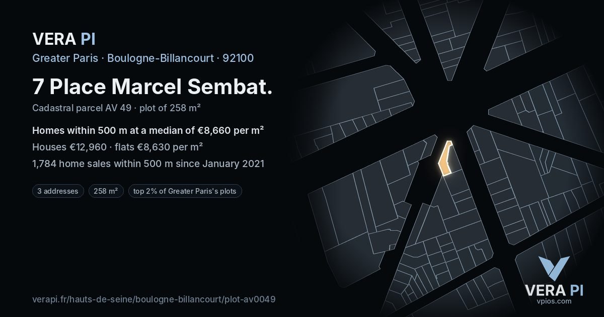 7 Place Marcel Sembat, Boulogne-Billancourt at night – the plot lit, the parcels around coloured by the prices near them