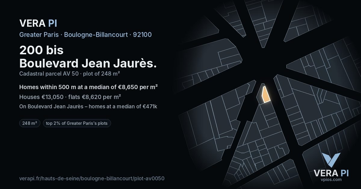 200 bis Boulevard Jean Jaurès, Boulogne-Billancourt at night – the plot lit, the parcels around coloured by the prices near them