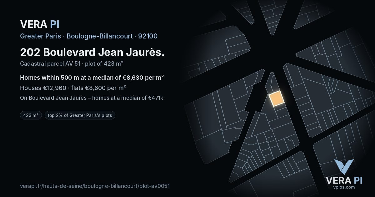 202 Boulevard Jean Jaurès, Boulogne-Billancourt at night – the plot lit, the parcels around coloured by the prices near them