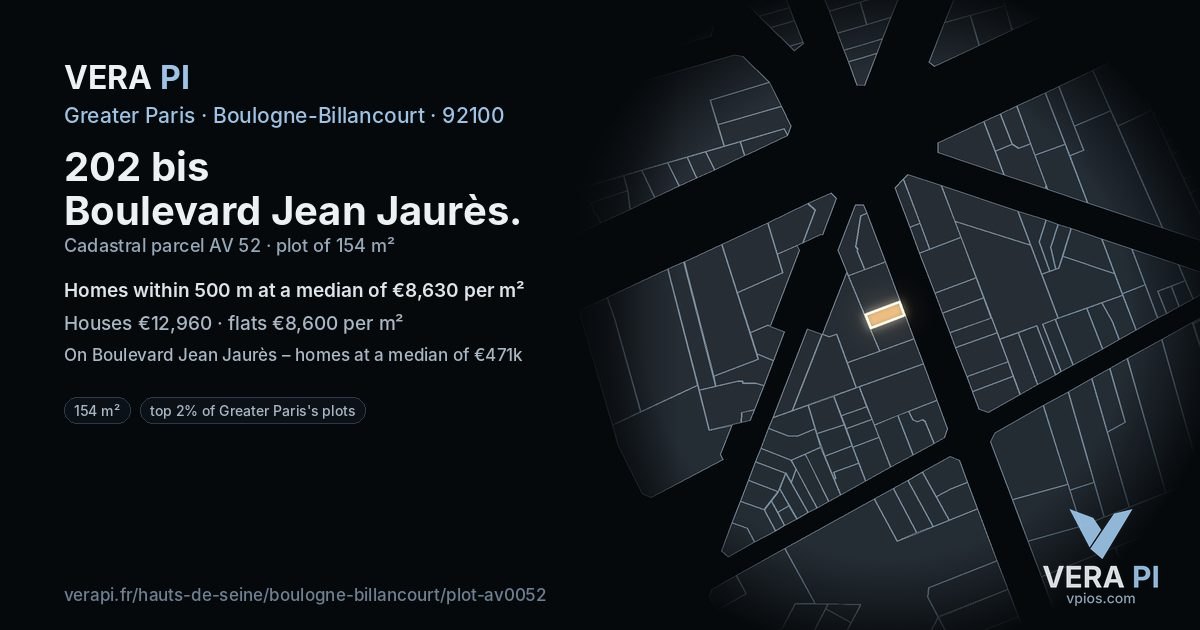 202 bis Boulevard Jean Jaurès, Boulogne-Billancourt at night – the plot lit, the parcels around coloured by the prices near them