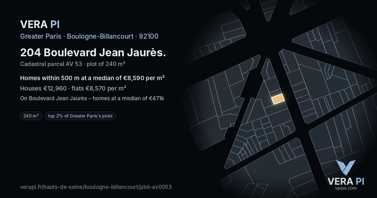 204 Boulevard Jean Jaurès, Boulogne-Billancourt at night – the plot lit, the parcels around coloured by the prices near them
