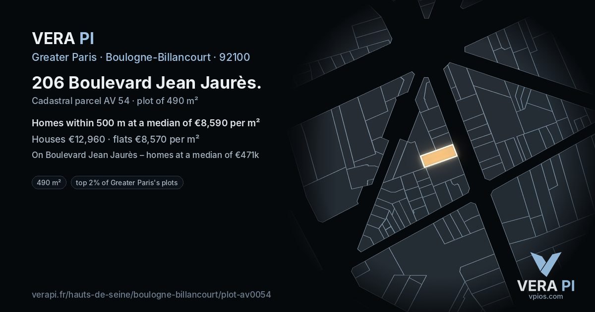 206 Boulevard Jean Jaurès, Boulogne-Billancourt at night – the plot lit, the parcels around coloured by the prices near them