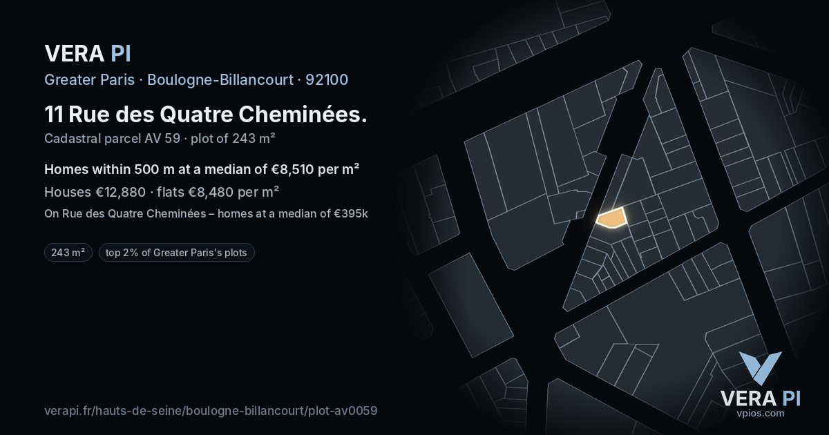 11 Rue des Quatre Cheminées, Boulogne-Billancourt at night – the plot lit, the parcels around coloured by the prices near them