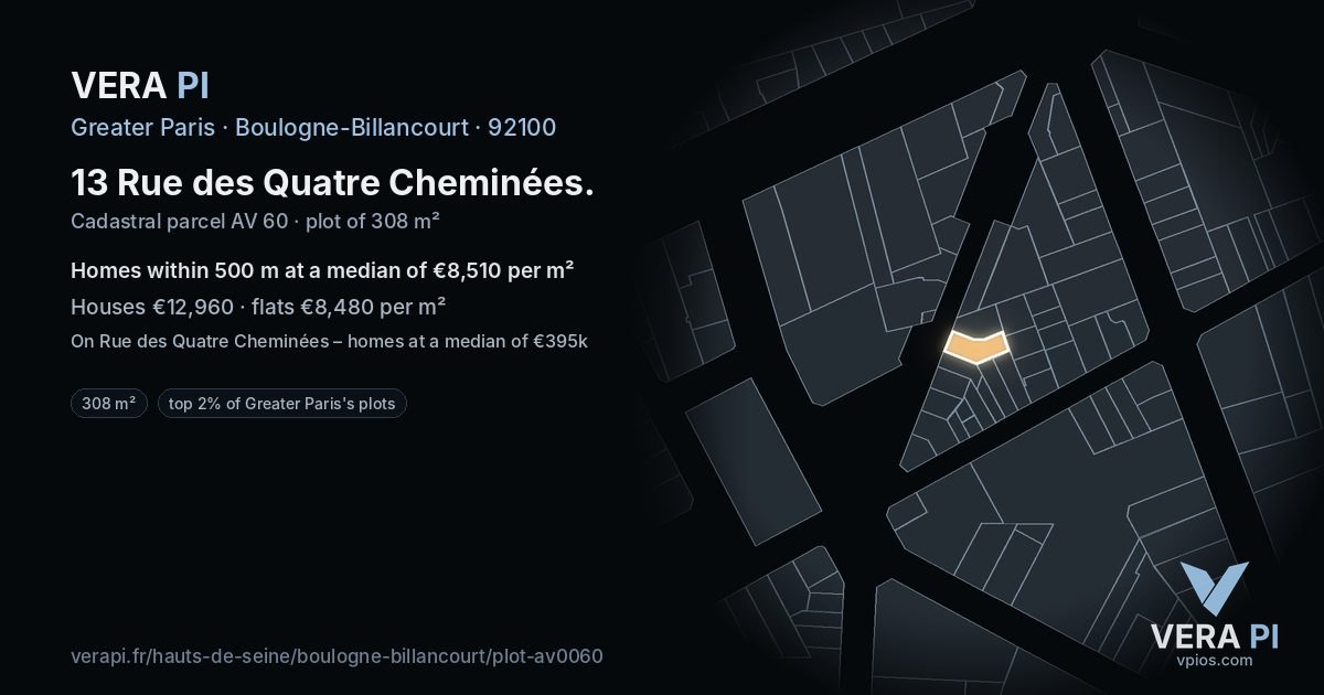 13 Rue des Quatre Cheminées, Boulogne-Billancourt at night – the plot lit, the parcels around coloured by the prices near them